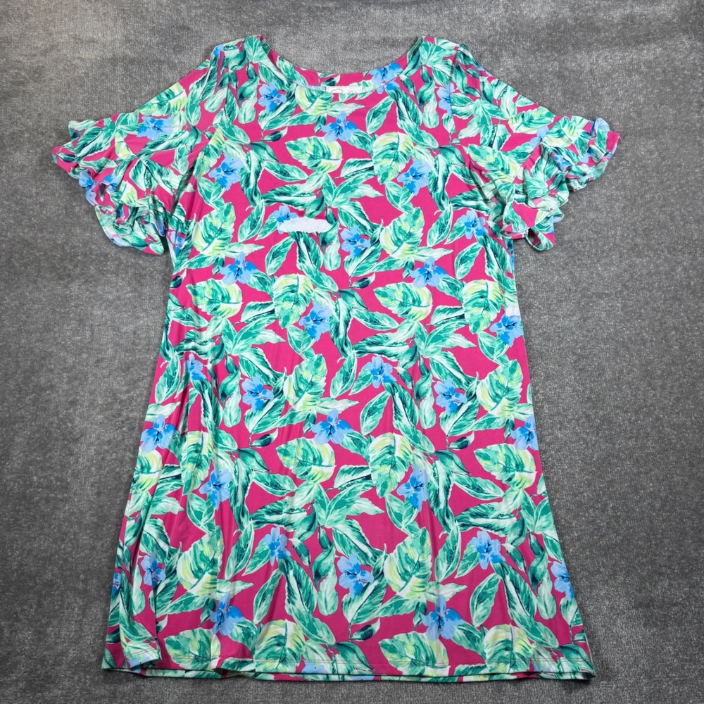 Pappagallo Womens 3X Tropical Leaf Floral Ruffle‎ Sleeve Pink Shift Dress Summer